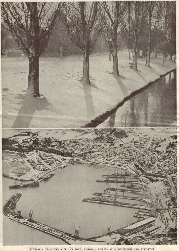 Snowfalls transform city and port: pictorial effects at Christchurch and Lyttelton, 1939