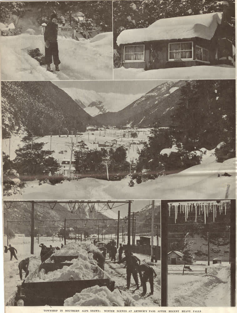 Township in Southern Alps snows: winter scenes at Arthur's Pass after recent heavy falls, 1939