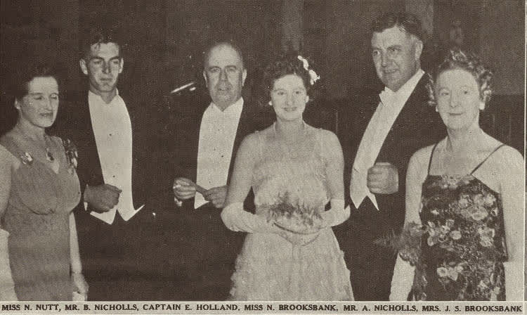 Miss N. Nutt, Mr. B. Nicholls, Captain E. Holland, Miss N. Brooksbank, Mr. A. Nicholls and Mrs. J. S. Brooksbank at the Christchurch Hunt Ball, 1939