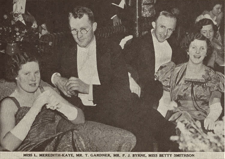 Miss L. Meredith-Kaye, Mr. T. Gardner, Mr. P. J. Byrne, Miss Betty Smithson at the Christchurch Hunt Ball, 1939