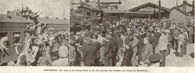 Greymouth: two scenes at the railway station as the train carrying local volunteers was leaving for Christchurch, 1939