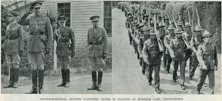 Governor General reviews volunteer troops in training at Burnham Camp, Christchurch, 1939