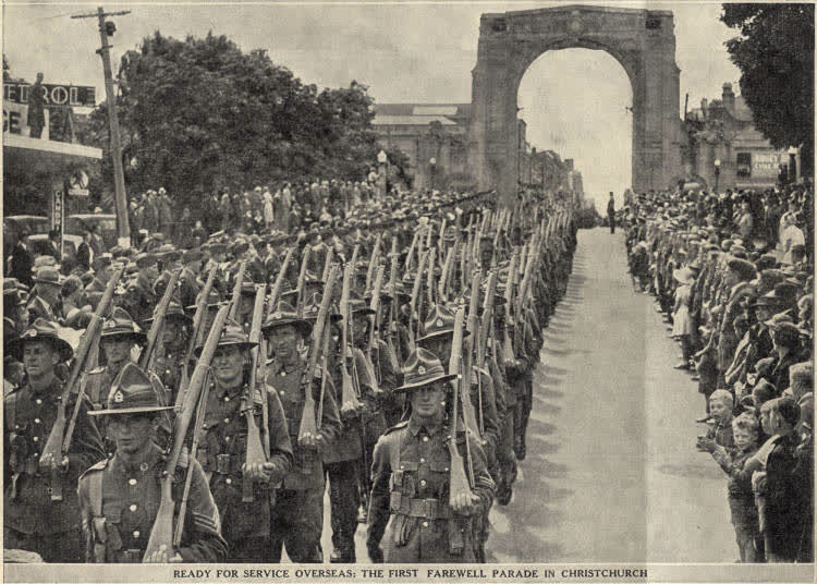Ready for service overseas: the first farewell parade in Christchurch, 1941