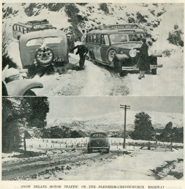 Snow delays motor traffic on the Blenheim-Christchurch highway, 1941