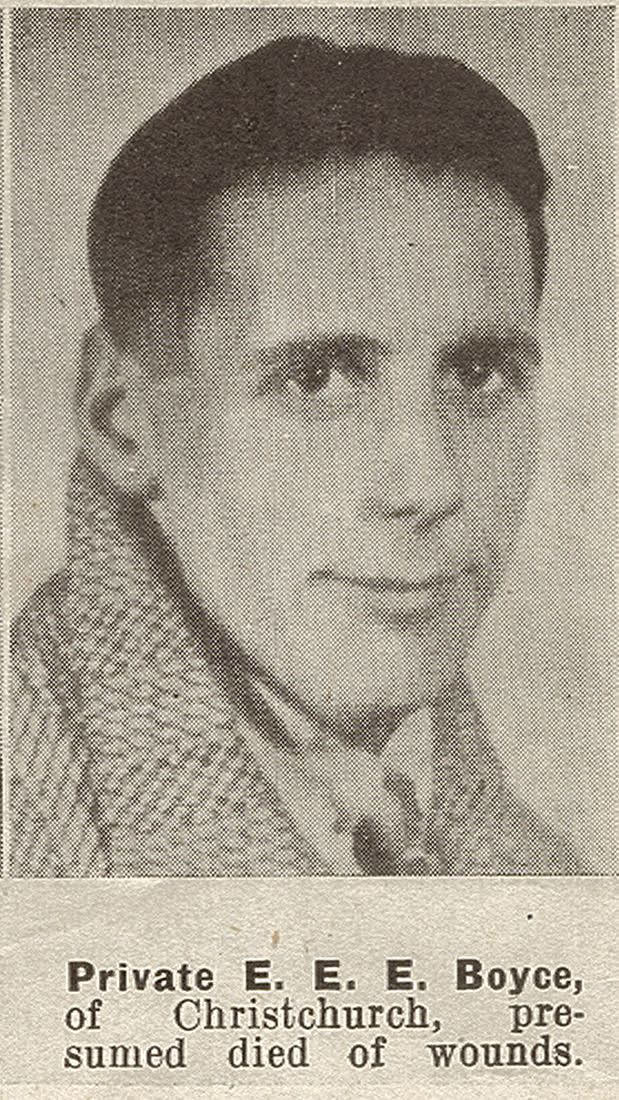 Private E. E. E. Boyce, of Christchurch, presumed died of wounds, 1941
