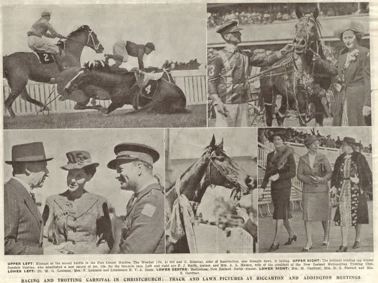 Racing and trotting carnival in Christchurch: track and lawn pictures at Riccarton and Addington meetings, 1941