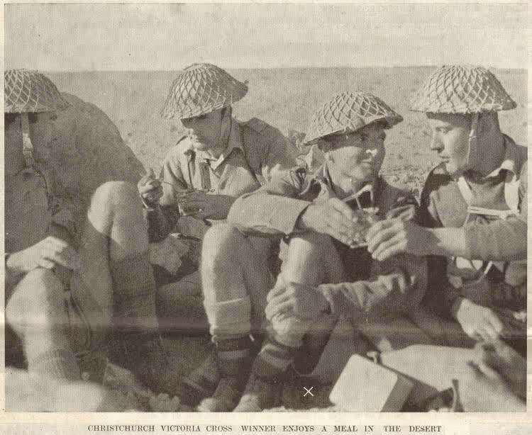 Christchurch Victoria Cross winner enjoys a meal in the desert, 1941