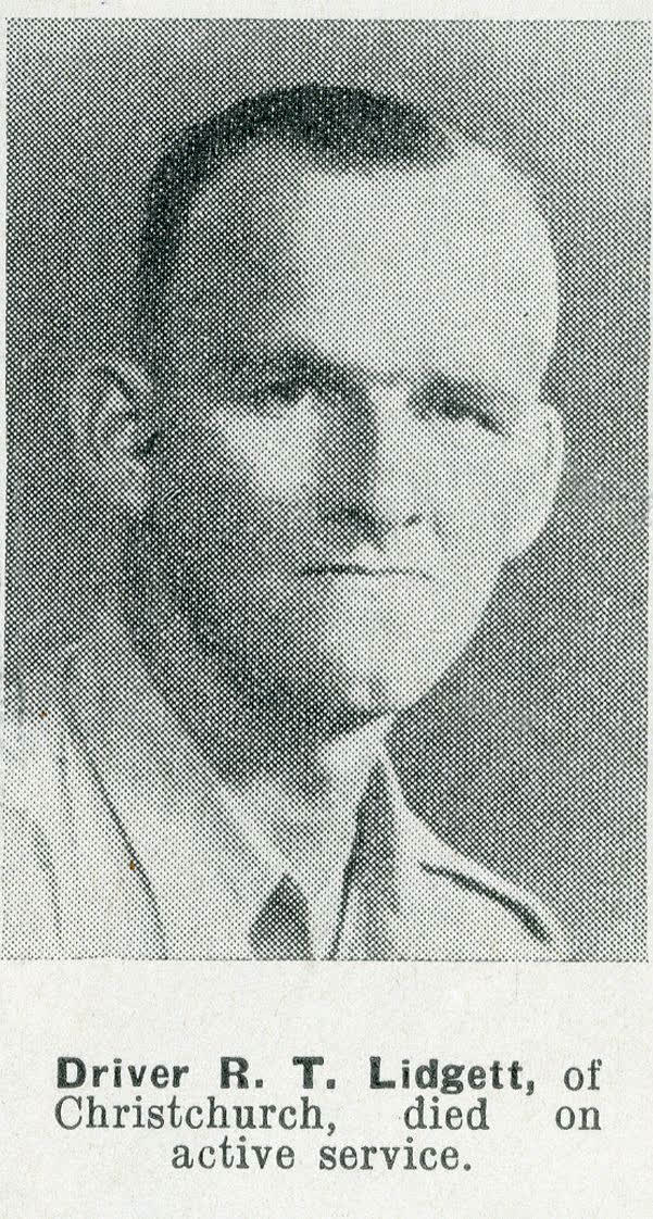 Driver R. T. Lidgett, of Christchurch, died on active service, 1942