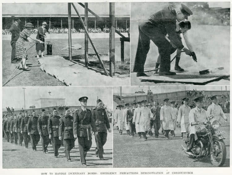 How to handle incendiary bombs: Emergency Precautions demonstration at Christchurch, 1942