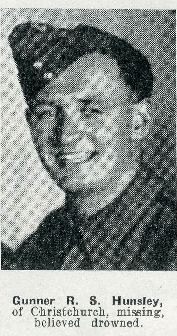 Gunner R. S. Hunsley, of Christchurch, missing, believed drowned, 1942
