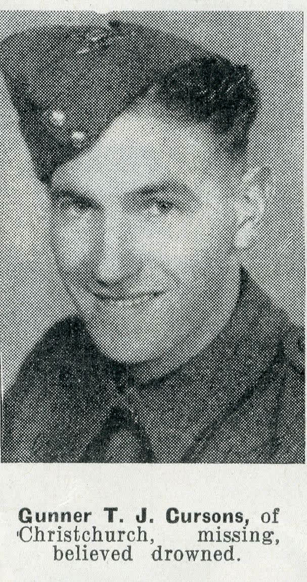 Gunner T. J. Cursons, of Christchurch, missing, believed drowned, 1942