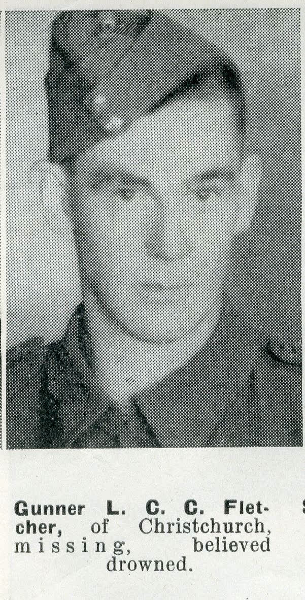 Gunner L. C. C. Fletcher, of Christchurch, missing, believed drowned, 1942