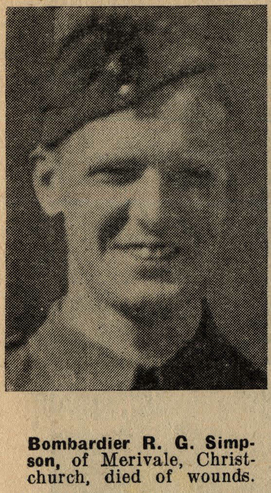Bombardier R. G. Simpson, of Merivale, Christchurch, died of wounds, 1942