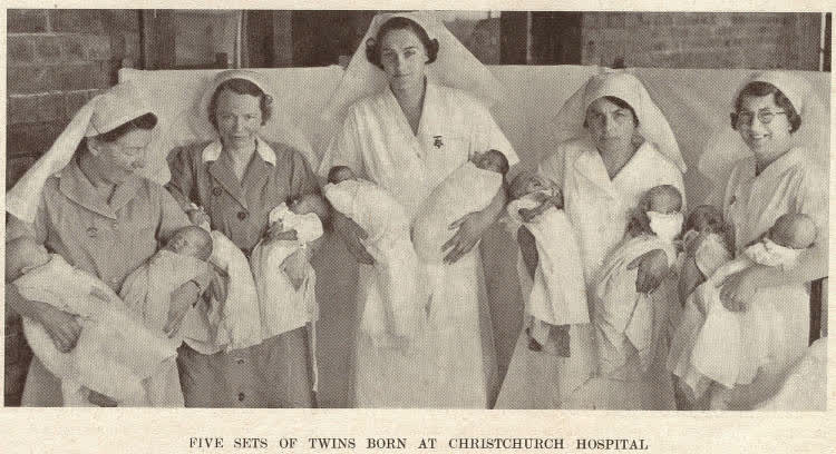 Five sets of twins born at Christchurch hospital, 1943