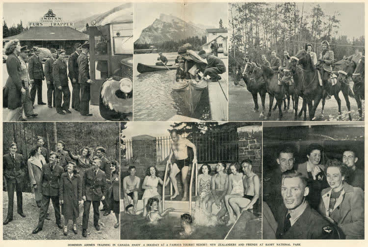 Dominion airmen training in Canada enjoy a holiday at a famous tourist resort: New Zealanders and friends at Banff National Park, 1943