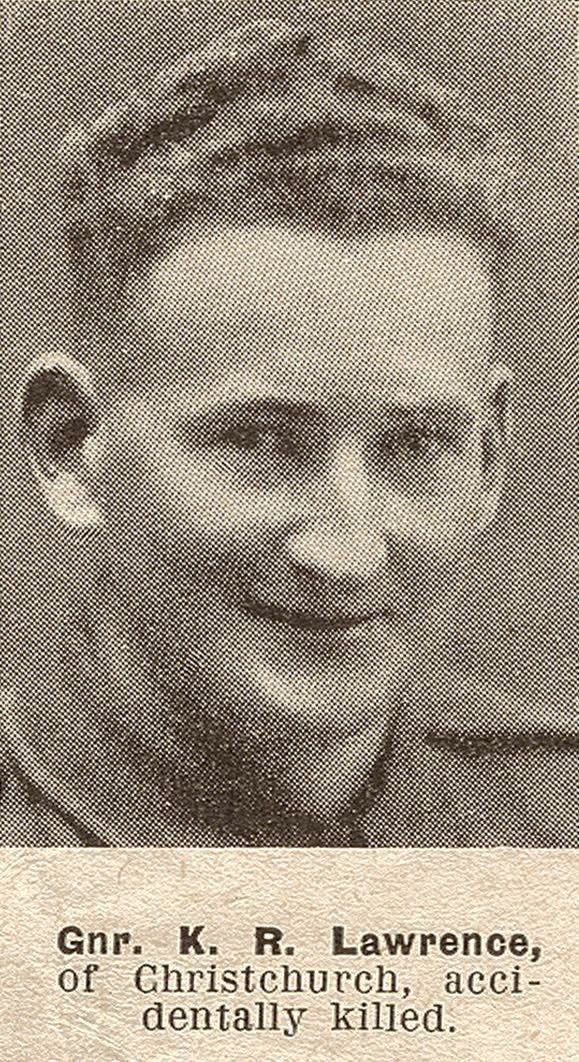Gnr. K. R. Lawrence, of Christchurch, accidentally killed, 1943