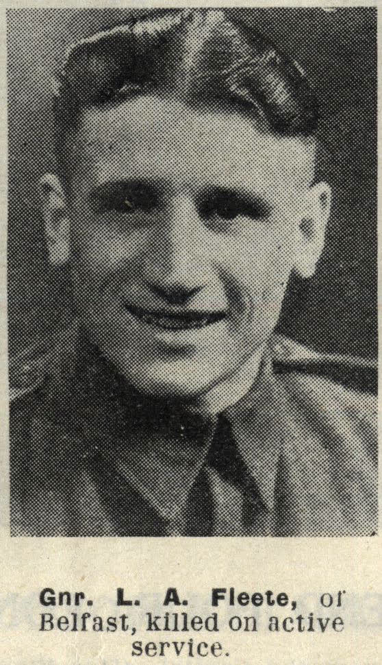 Gnr. L. A. Fleete, of Belfast, killed on active service, 1944