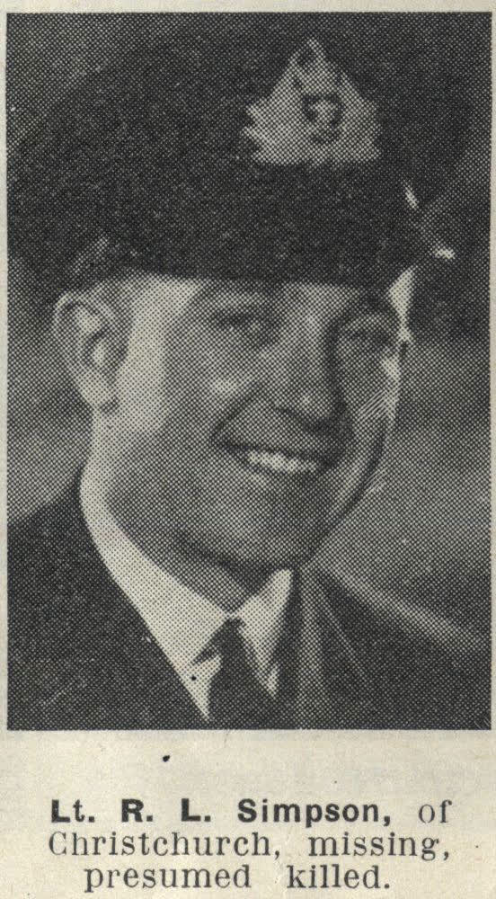 Lt. R. L. Simpson, of Christchurch, missing, presumed killed, 1944