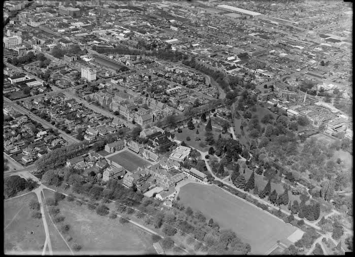 Hagley Park and the Avon River with Christ's College, Christchurch City, Canterbury, 1946