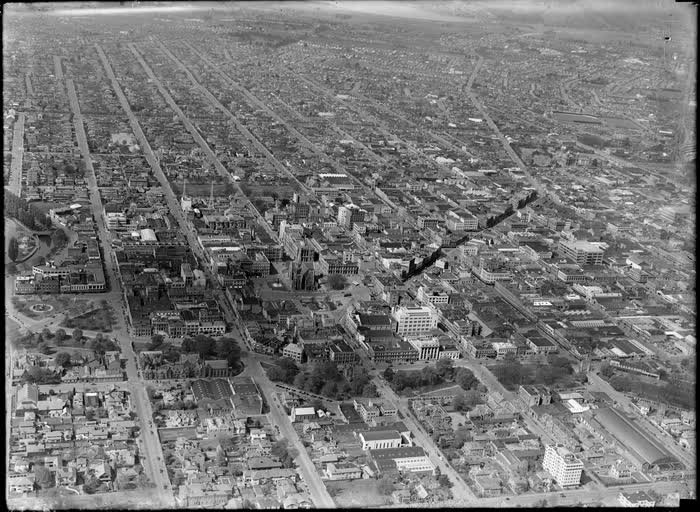 View of Christchurch City with the Cathedral, Canterbury, 1946