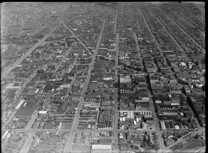 Christchurch City and Tuam Street, looking to Hagley Park beyond, Canterbury Region, 1946