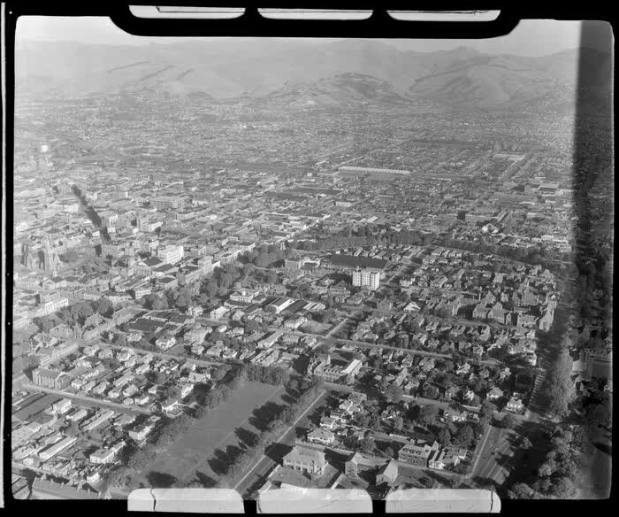 Christchurch City, Canterbury Region, including city buildings, 1947