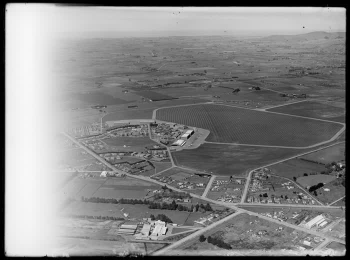 View of Wigram Aerodrome RNZAF base with planes, hangars and buildings, Christchurch, Canterbury, 1946