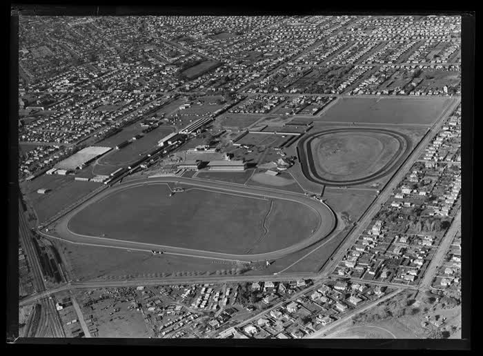 Trotting course at Addington Raceway, Christchurch, Canterbury Region, 1959