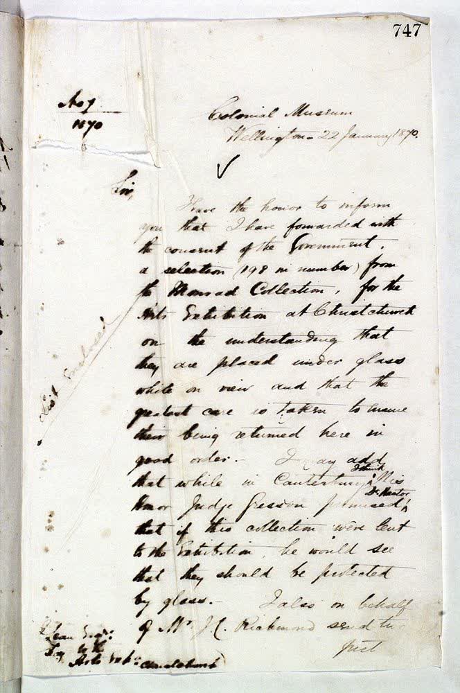 Outward letter:  Lean, Mr : Page 747 - 749:  Regarding  Bishop Monrad Collection to Christchurch, 1870