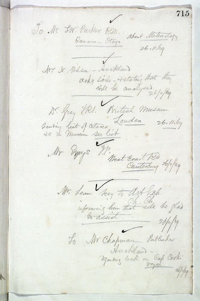 Outward letter:  Lean, Mr  : Page 715: Arts exhibition Christchurch, 1869