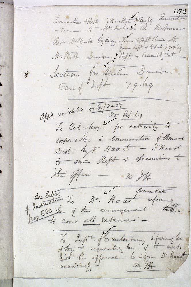 Outward letter:  Canterbury, Secretary of  : Page 672: Sending plans of museum and Auckland map of Amuri ?, 1869