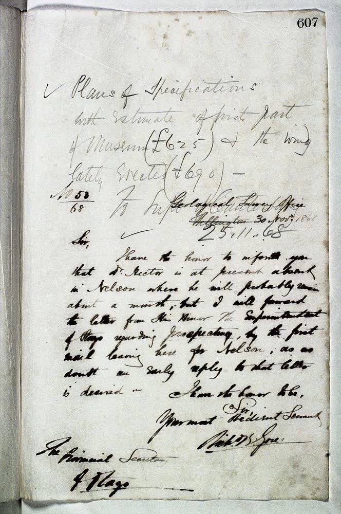 Secretary Canterbury Museum: Sending plans of museum, 1868
