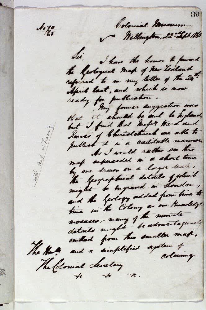 Outward letter:  Colonial Secretary  1865: Page 89 - 90: Publication of map of New Zealand in Christchurch, 1865