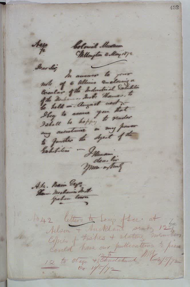 Note of letter sent to Secretary of Society at Nelson & Auckland regarding sending 12 copies of Fishes [papers] & stating members could have  publications half price + 12 copies to Otago & Christchurch, 1872