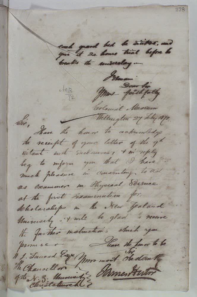 Outward Letter: Chancellor NZ University Christchurch; Page 378: [letter description currently not available], 1872