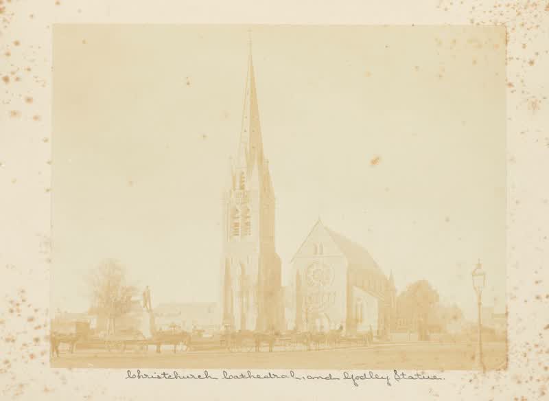 Christchurch Cathedral and Godley Statue. From the album: New Zealand album, 1880