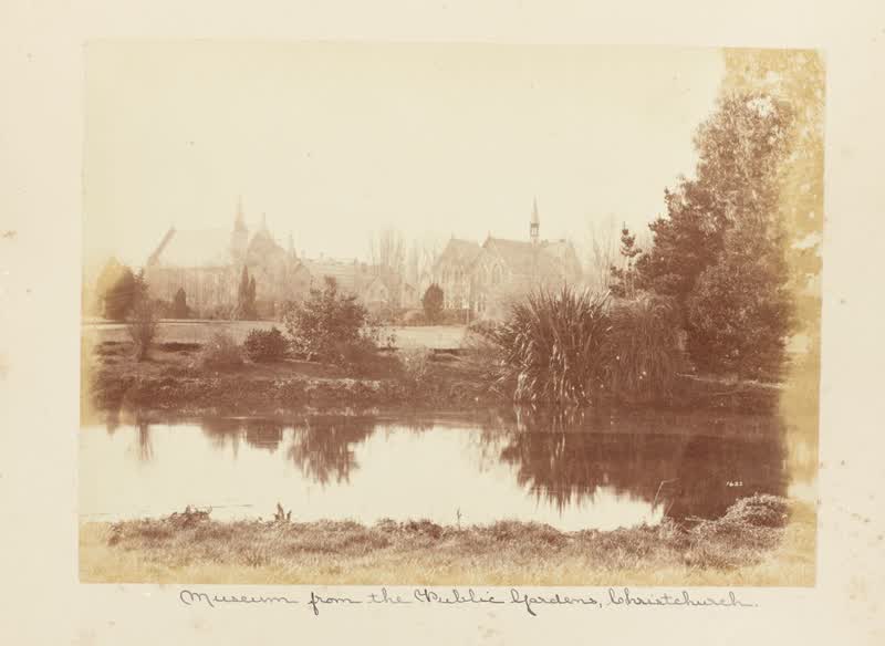 Museum from the Public Gardens, Christchurch. From the album: New Zealand album, 1880