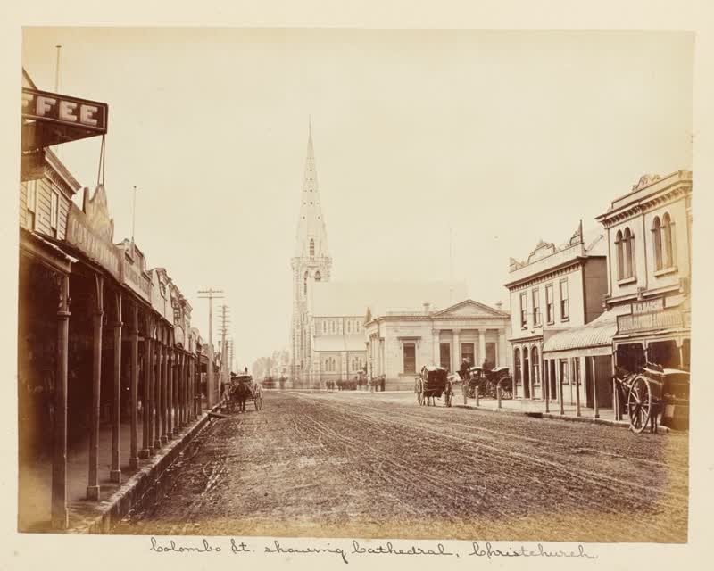 Colombo Street, showing Cathedral, Christchurch. From the album: New Zealand album, 1880