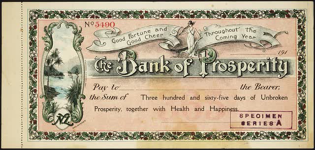 James Rodger & Co (Firm) :The Bank of Prosperity. Good fortune and good cheer throughout the coming year. [Draft novelty Christmas and New Year gift cheque / printed by] James Rodger & Co. Christchurch. 191[4]., 2003