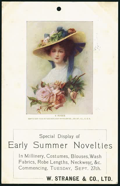 W Strange & Company (Christchurch) :Special display of early summer novelties in millinery, costumes, blouses, wash fabrics, robe lengths, neckwear, &c. Commencing Tuesday Sept[ember] 27th [1910?. Postcard], 2006
