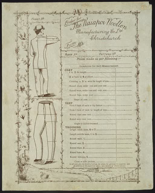 Kaiapoi Woollen Manufacturing Company Ltd :Order for Kaiapoi Woollen Manufacturing Co Ltd, Christchurch, from Mr .... ... Please make as per following - Directions for self-measuring [Blank order form with space for filling in measurements]. Whitcombe & T, 2004