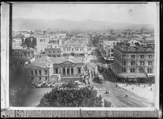 Cathedral Square, Christchurch, showing the United Service Hotel on the right, and looking down Colombo Street, 2005