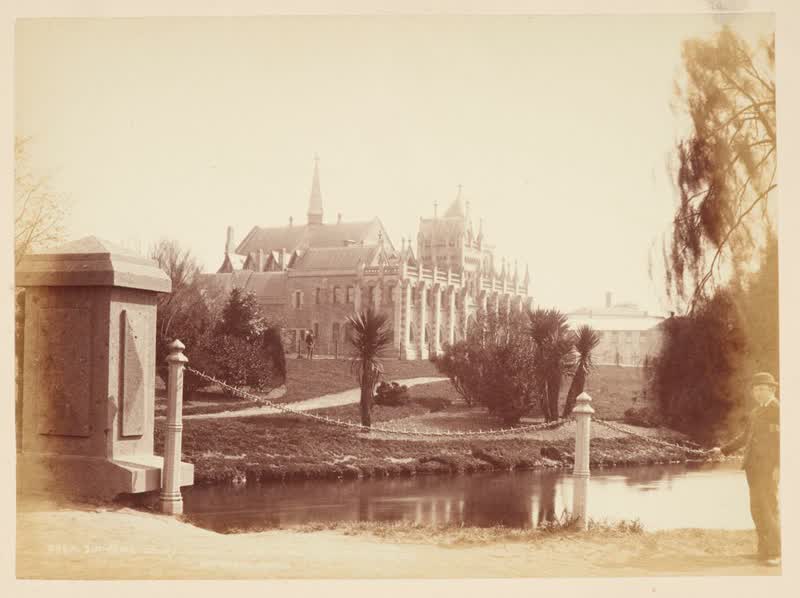 Supreme Court Christchurch from Armagh St Bridge, 1880