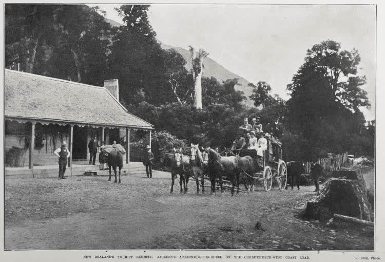 NEW ZEALAND'S TOURIST RESORTS: JACKSON'S ACCOMMODATION-HOUSE ON THE CHRISTCHURCH-WEST COAST ROAD, 1904