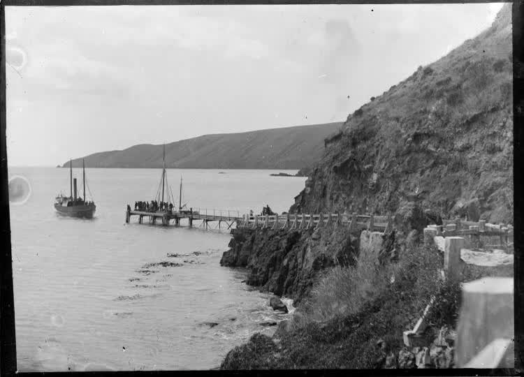 Okains Bay jetty, Banks Peninsula, 1900
