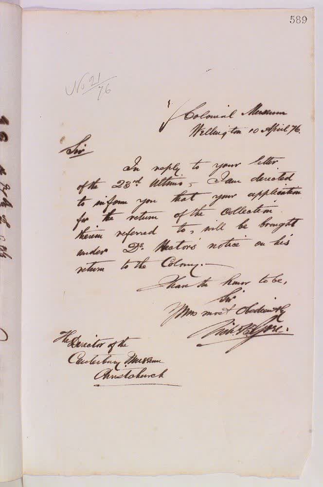 Outward letter: Canterbury Museum , Page 589: [letter description currently not available], 1876