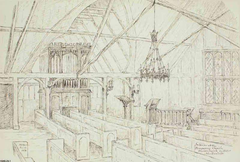 Sketch: Interior of the Temporary Church, 1854
