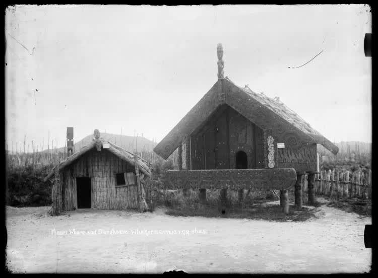 Māori Whare and Storehouse, Whakarewarewa, 1900