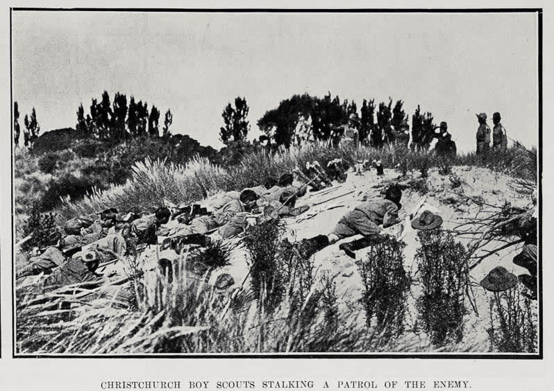 Christchurch boy scouts stalking a patrol of the enemy, 1910