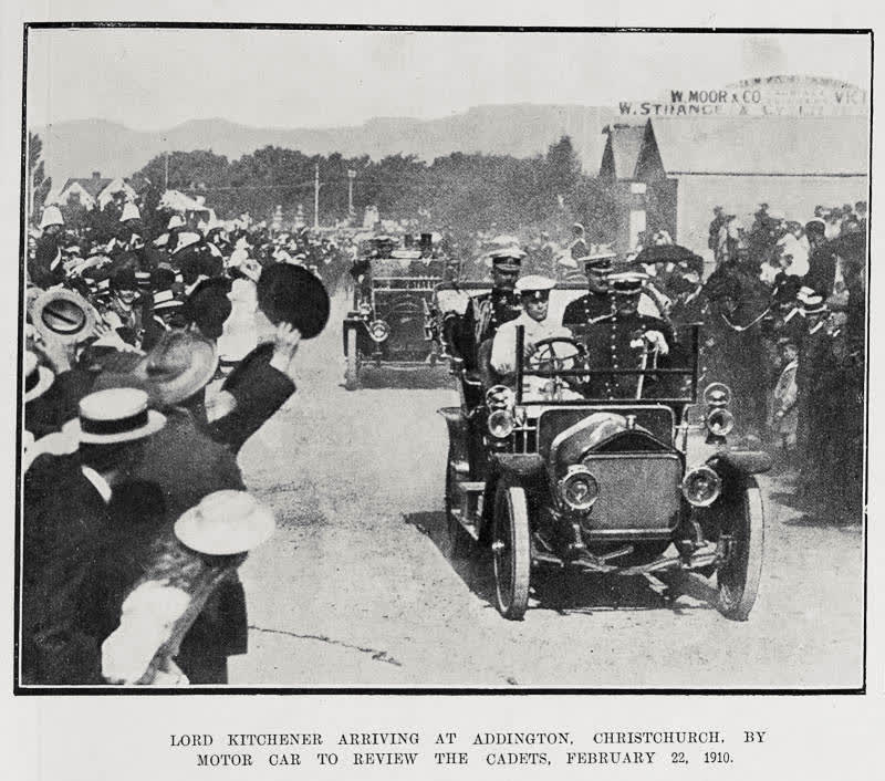 Lord Kitchener Arriving At Addington, Christchurch, By Motor Car To Review The Cadets, February 22, 1910, 1910
